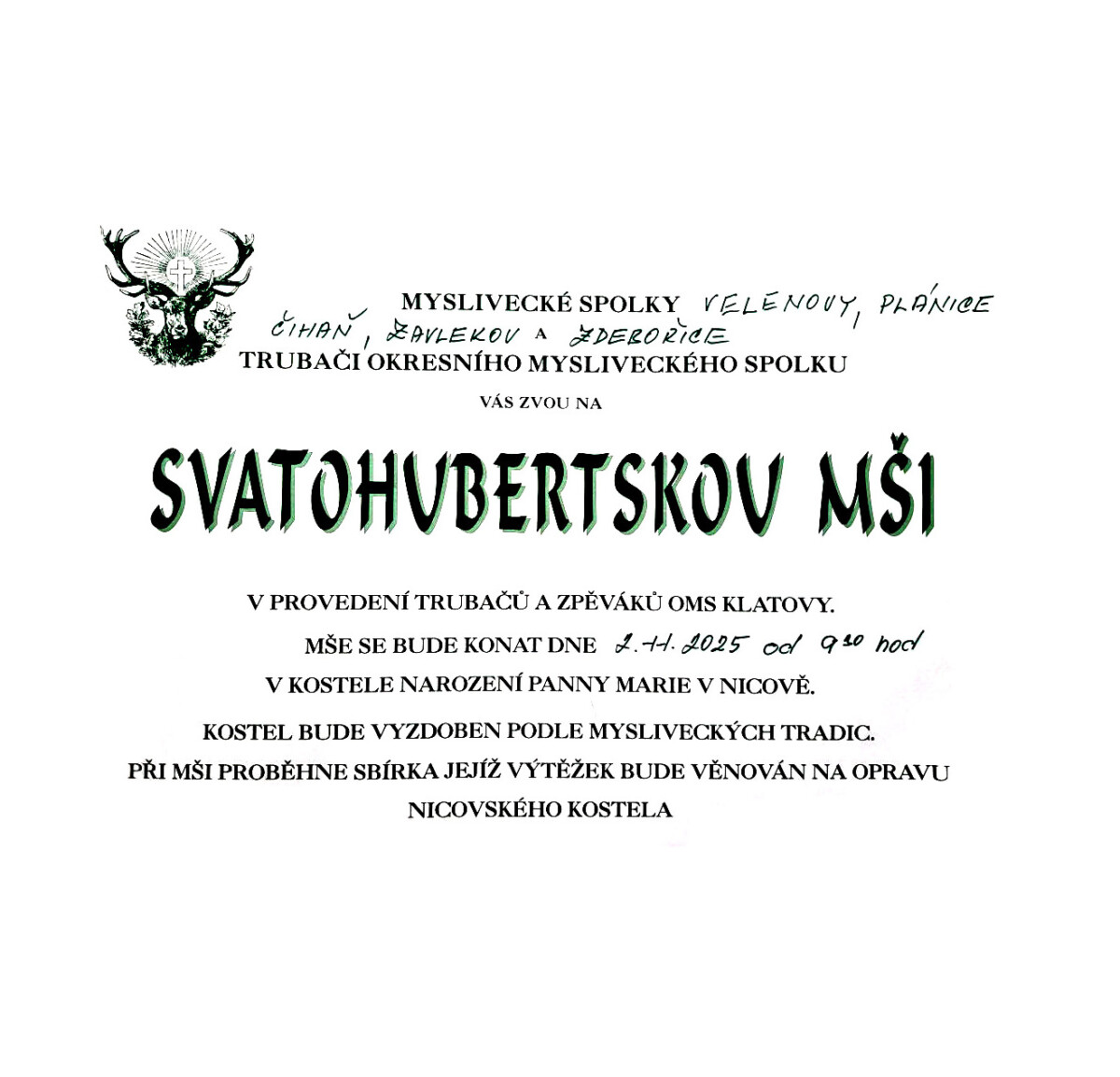 Pozvánka na Svatohubertskou mši v Nicově